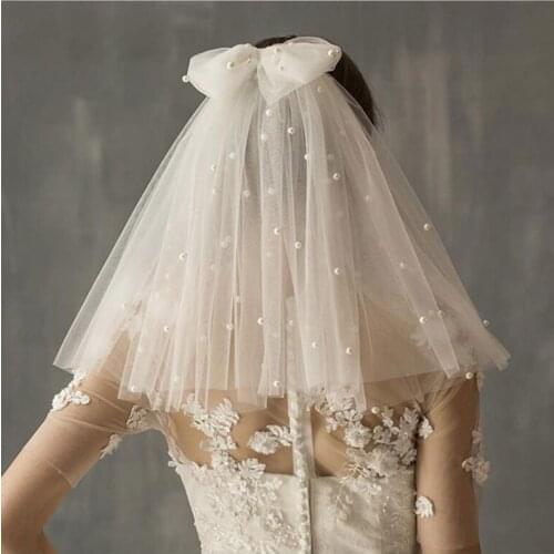 Two Layers Tulle Wedding Veil with Comb White Ivory Short Bridal Veil with Pearls Wedding Accessories Veu de Noiva