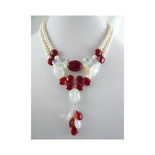 Exquisite 2 Row White Pearl& Red JadeS Stone Necklace