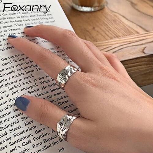 Foxanry 925 Sterling Silver Smiley Face Width Rings for Women INS Fashion Simple English Letter Birthday Party Jewelry Gifts