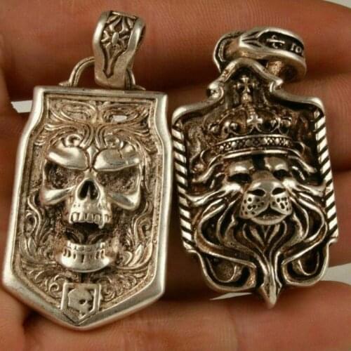 2Pc Chinese Tibetan Silver Hand Carving Skull Lion King Pendant Cool Collec Old