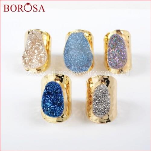 BOROSA Hot and New Drusy Rings, Gold Color Oval Natural Agates Titanium Rainbow Druzy Band Ring Gems for Women Jewelry G0890