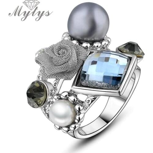 Mytys Fashion Grey Rose and Pearl Adorn Charm Ring for Women Trendy Jewelry Accessories Gift R851