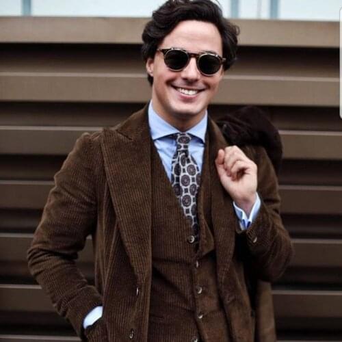 ANNIEBRITNEY Brown Corduroy 3 Piece Formal Men Suit Fall Winter Warm High Quality Peaked Lapel Custom Groom Wedding Tuxedo