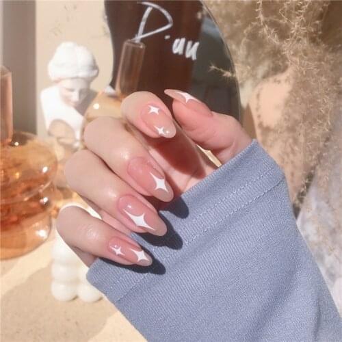 24Pcs False Nail With A Pattern Four-Pointed Star Print Glitter Wear Finished Nail Long Paragraph ​False Nail Removable Manicure