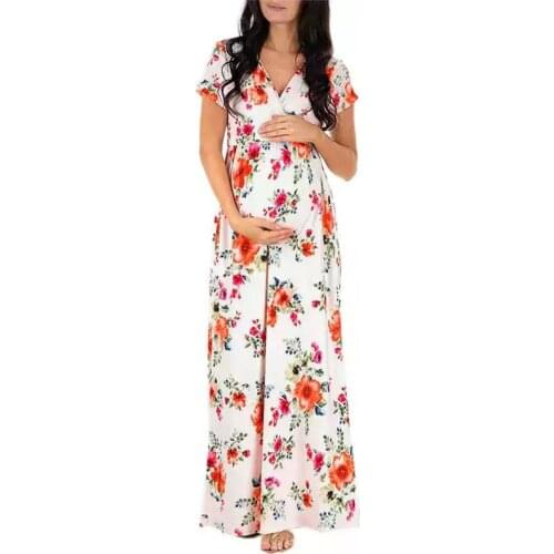 Pregnant Women Clothing Maternity Dresses New V Neck Short Sleeve Print Long Pregnancy Dress Fashion Plus Size Beach Dress