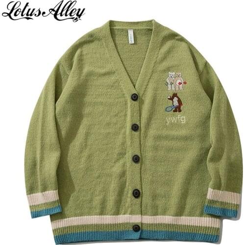 Autumn Winter Knitted Cardigan Sweater Cartoon Bear Embroidery Long Sleeve Patchwork Green Sweater Men Coats Knitwear Cardigan