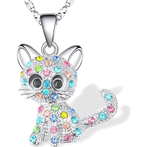 Rhinestone Crystal Cat Pendant Necklace for Women Children Fashion Colorful Quartz Cute Animal Necklaces Jewelry Gifts