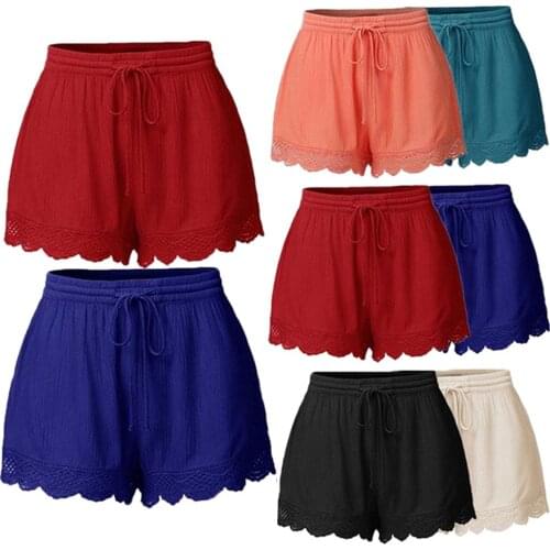Casual Women Solid Color Lace Trim Short Pants Elastic Drawstring Waist Shorts