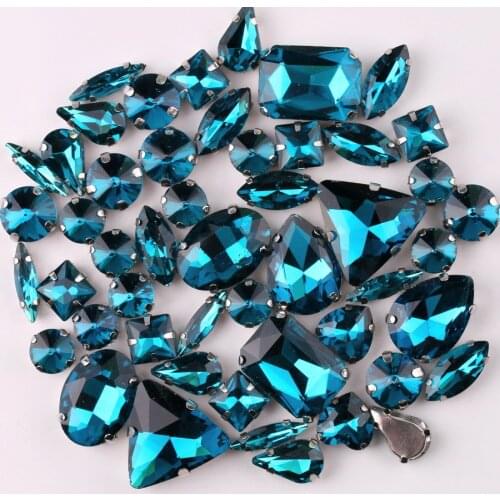 Silver claw setting 50pcs/bag shapes mix Blue zircon glass crystal sew on rhinestone wedding dress shoes bag diy trim