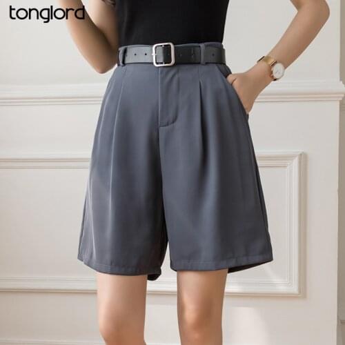 New Sashes Booty Shorts High Waist Summer Vintage Solid Wide Leg Suits Short Women Elegant Office Lady Straight Belt Shorts