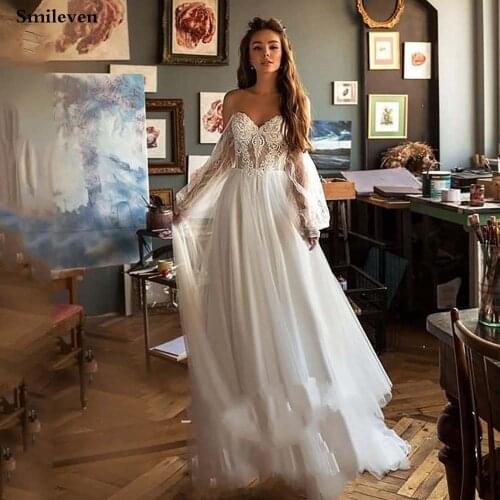 Smileve Princess Wedding Dress Puff Sleeve Boho Bride Dresses Nude Tulle Top Wedding Gowns Lace Appliques Vestido de novia