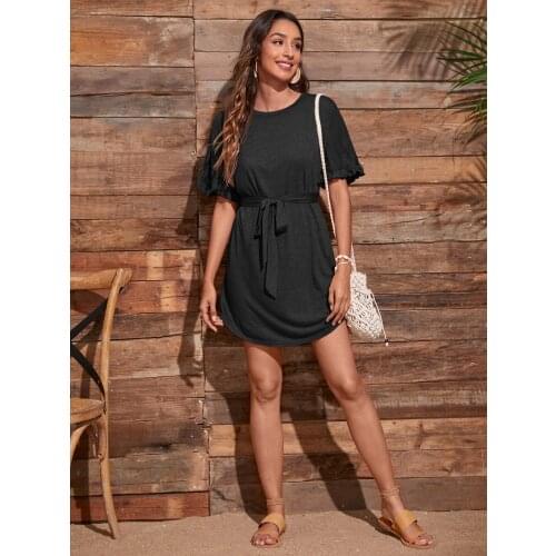 Women Casual Plain Brief Round Neck Solid/Floral Tunic Sundresses Self-Tie T-Shirt A-Line Summer Mini Dress