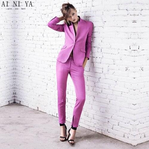 Jacket+Pants Purple Womens Business Suits Female Office Uniform 2 Piece Sets Ladies Winter Formal Trouser Suits Single Breasted