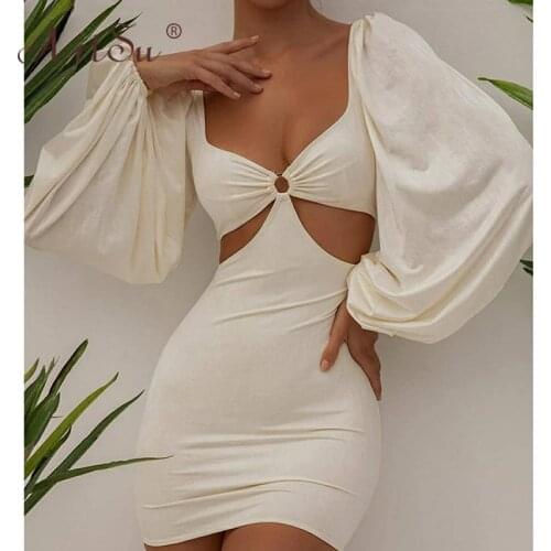 ArtSu Skinny Hollow Out Green White Solid Sexy Party Dresses Women V-Neck Fashion Puff Sleeve Bodycon Mini Dress Autumn 2021