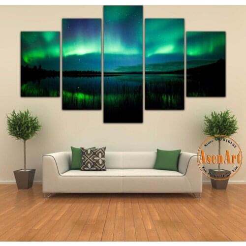 5 Pieces Picture Aurora Borealis Sunset Landscape Painting Seascape Poster Canvas Art Print Pictures for Living Room home decor