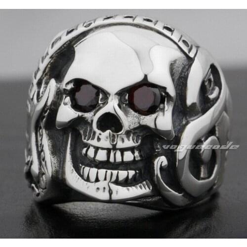 925 Sterling Silver Guitar Music Skull Red CZ Eye Mens Rocker Ring 8V013 US Size 7 to 15