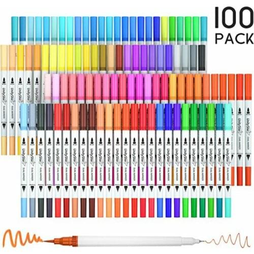 Art 100 Colors Dual Tip Brush Pens Art Markers Brush Tip with Fineliner 0.4 Markers Pen Set for Adult coloring books