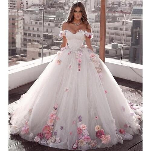Off Shoulder Flowers prom Ball Gown Beaded Quinceanera Dress Lace Up Back Luxurious Pleated Tulle Sweet 15 Party Dresses