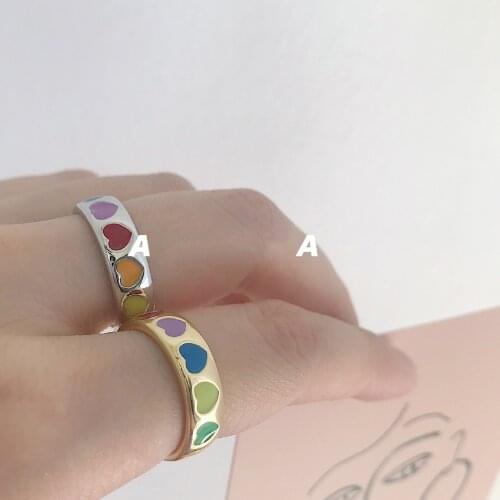 2021 Korea Adjustable Rings Cute Colorful Heart Rainbow Rings kpop Simple Ins Fashion Jewelry for Women Student Gifts Aesthetic