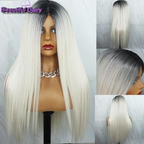 Beautiful Diary Silky Straight Blonde Wigs Ombre Synthetic Hair Wigs For Black Women Gluesless Synthetic Wigs Ombre Grey Wig