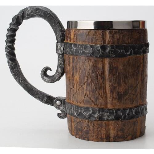 550ML Simulation Wooden Barrel Double Beer Mug Creative Personality Office Resin Stainless Steel Liner Drinking Cup Drinkware