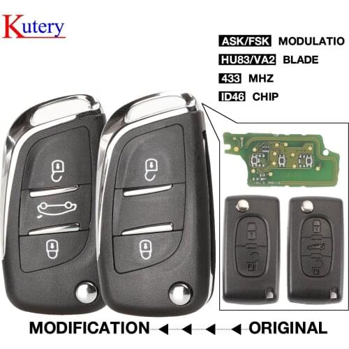 Kutery 2/3 Buttons Modified Flip Folding Car key for Peugeot Partner 307 308 407 408 3008 ASK/FSK 433MHz HU83/VA2 CE0536