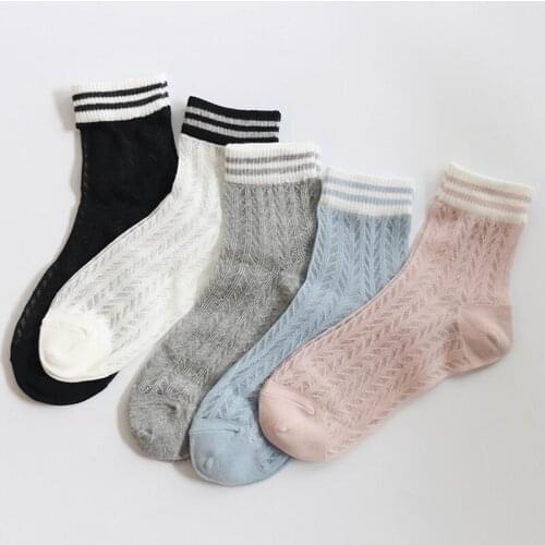 DONG AI Summer Lace Socks Fashion Women Crystal Glass Silk Short Thin Transparent Striped Cotton Socks Girls Ladies Calcetines