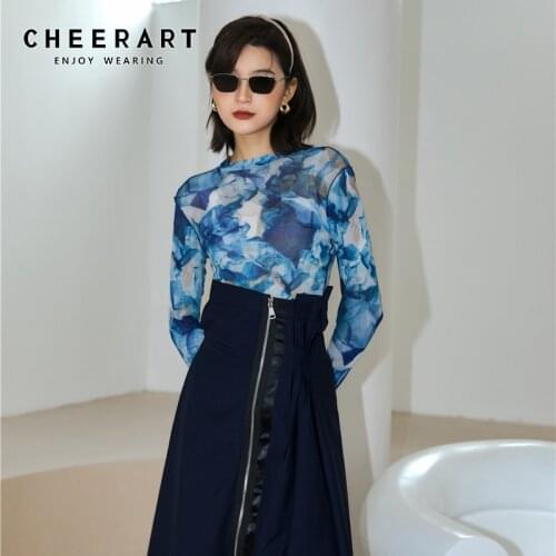 CHEERART Summer Mesh Top Long Sleeve Tshirt Women Blue Printed T Shirt Sheer Transparent Tight Top Designer Tee Shirt 2020
