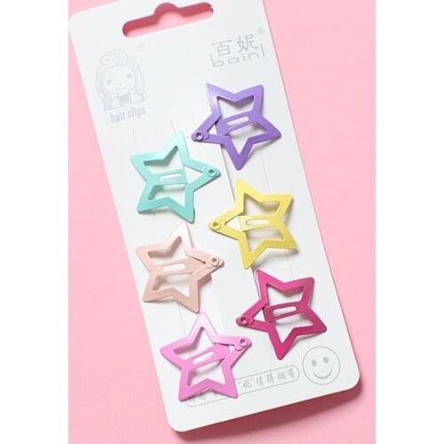 6 Pcs/Pack Candy Color Star Heart Shape Metal Snap Clips Baby Girls' Hair Pins Toddlers Kids Hair Accessories