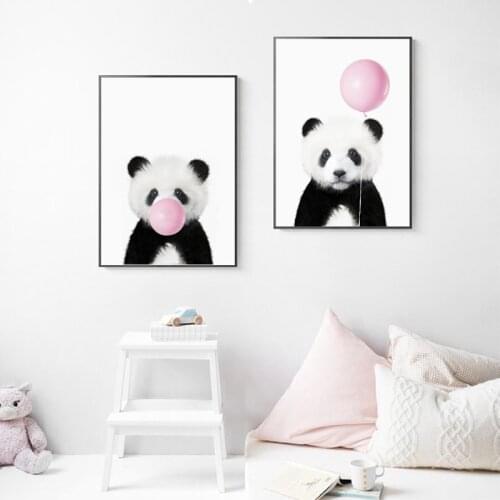 Cute Pink Balloon Baby Shower Gift Canvas Painting Baby Panda Print Animal With Bubble Gum Poster Kindergarten Wall Art Picture