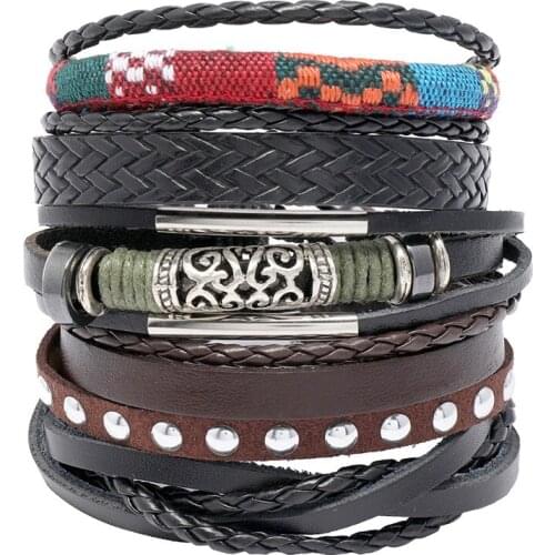 Mix Style Vintage Multiple Charm Leather Bracelets Set For Men Women Fashion Punk Wristbands Leather Bracelet Bangles