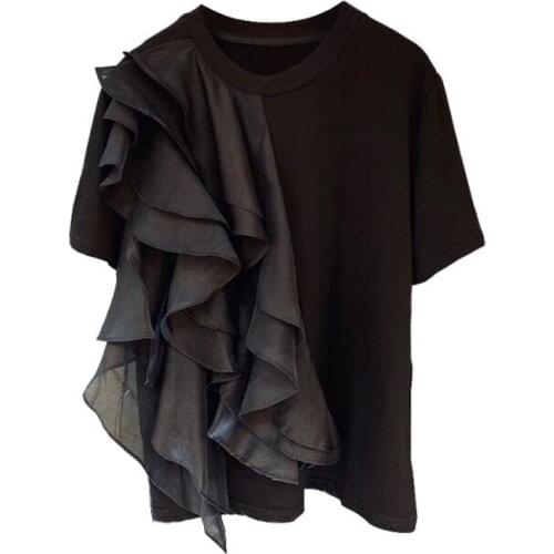 Fashion Chiffon Ruffles Patchwork Pullover Short Sleeve O Neck T-shirt 2021 Spring New Slim Top U087