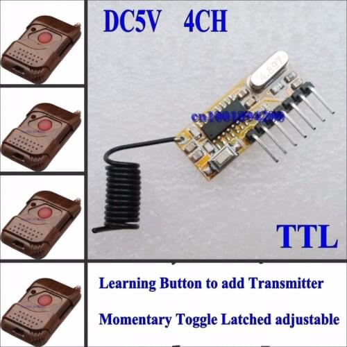 Decoding Receiver Module DC 5V 4CH Receiver High Level Siginal + Transmitter Learning Code ASK 315/433 Momentary Toggle Latched