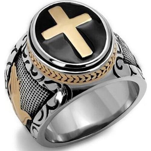 Mens Personality Two Tone Cross Ring Jesus Christ Hands Praying Anniversary Ring Male Wedding Domineering Ring Hip Hop Jewelry