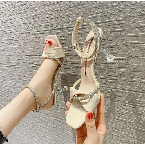 New Sandals women Square Head Thin Versatile Summer New Fashion Womens Sandals Rhinestone Girlish Style With High thin Heels