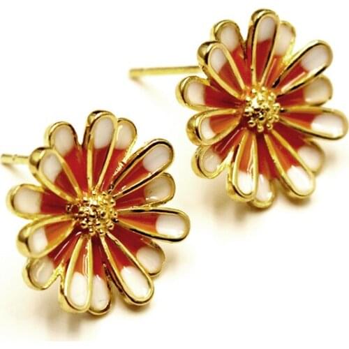 Wholesale 1pair Beauty Lady Jewelry Gold Tone Sunflower Great Enameled Daisy Shape Alloy Charm Earring Jewelry Crafts