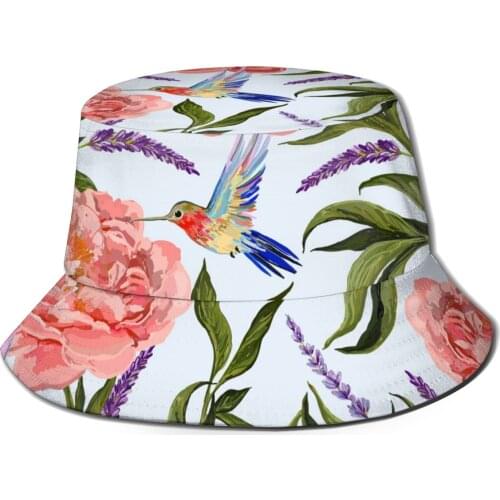 CINESSD New Bucket Hats Fisherman Caps For Women Men Gorras Summer Floral Summer Peony Flowers Lavender Flowers Hummingbirds