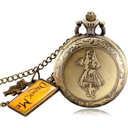 Alice In Wonderland With Drink Me Pocket Watch Extension Antique Bronze Rabbit & Alice Design