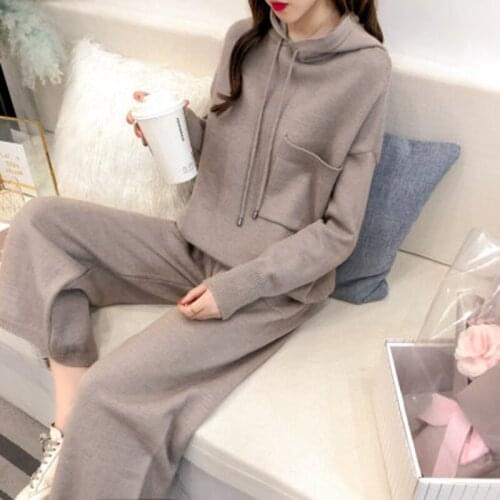 Spring womens hooded knitted sweater two-piece women 2020 new autumn loose Korean fashion wool wide leg pants knit suit tide