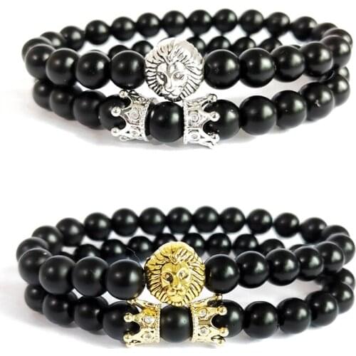 Vintage Lion Head and Crown Charm Bracelet 8mm Natural Lava Stone Beads Bracelet Men 2020 Fashion Jewelry