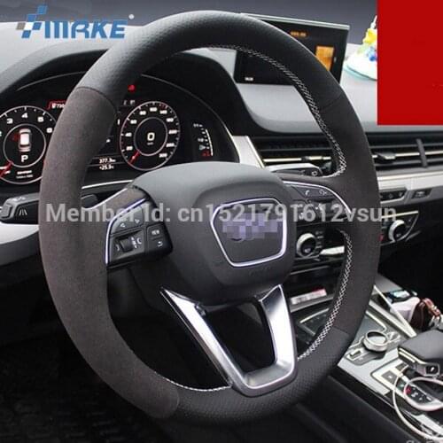 For Audi Q7 2016 High Quality Hand-stitched Anti-Slip Black Leather Black Suede White Thread DIY Steering Wheel Cover