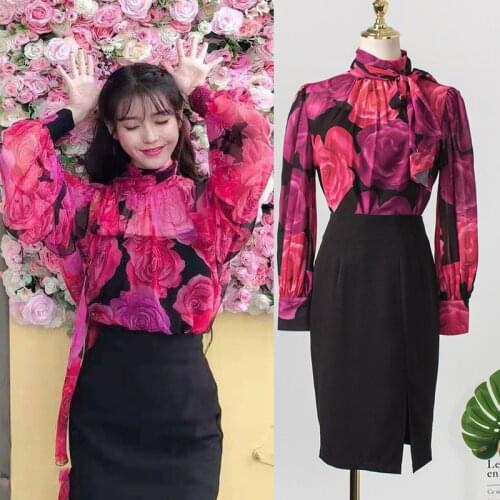 2 piece Set Women Floral Shirt + Skirt for Women DEL LUNA Hotel IU Korea Star Long Sleeve Top Black Skirts Office Lady Clothes