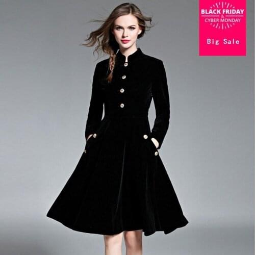 Famous brand Silk velvet dress European Station autumn and winter new fashion ladies metal button Slim high waist dress w1628