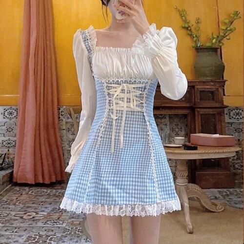 Sweet Lolita Mini Dress Women Japanese Style Square Collar Bandage Blue Plaid Gothic Dress Soft Girl Lace Ruffles Kawaii Dresses