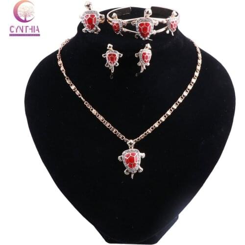 Gold Color Enamel Tortoise Necklace Bangle Bracelet Ring Set For Women Girls Costume Jewelry Sets 7Color