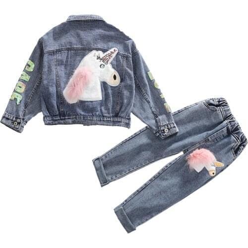 2PCS Cool Denim Coat and Pants Suit For Girls Fashion Autumn Jeans Jacket Children Street Wear Outfit 3-10Y Girl Casual Clothing