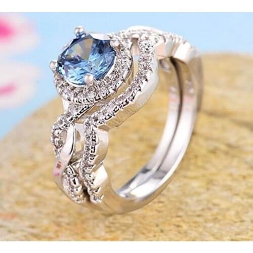 2 pieces/set of sapphire powder crystal chic lovely princess woman ring inlaid with high quality zircon Party Fashion Jewelry