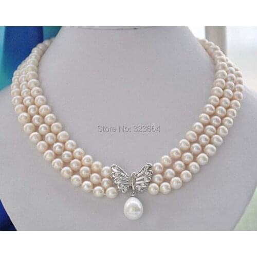 3row 9mm WHITE ROUND FRESHWATER PEARL NECKLACE butterfly