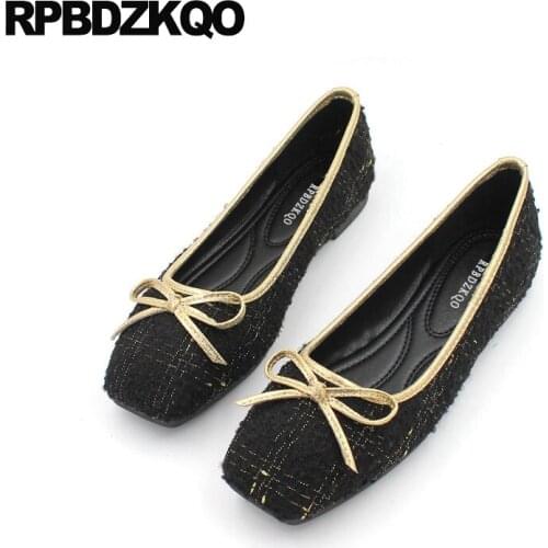 Black And White Bowtie Square Toe Flats Women Breathable Ballerina Japanese Plaid Large Size Wedding Ballet Shoes Bow Kawaii