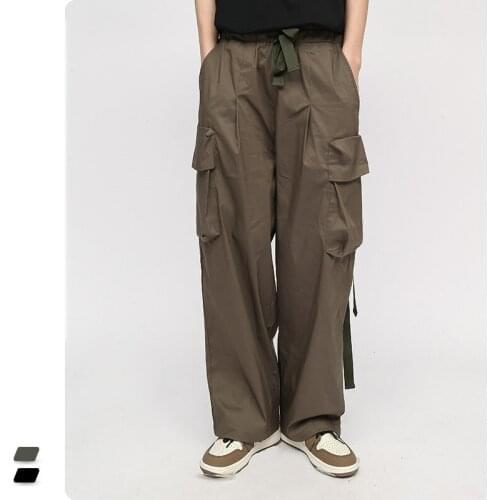 New Japanese Fresh Cargo Pants Men Loose Wide-Leg Casual Streetwear Trousers Hip-Hop Straight Solid Color Multi-Pocket Clothing